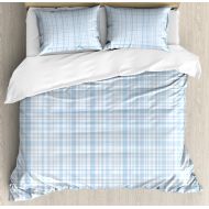 Ambesonne Seafoam Queen Size Duvet Cover Set, Plaid Quilt Pattern with Squares and Lines Abstract Traditional Arrangement, Decorative 3 Piece Bedding Set with 2 Pillow Shams, Baby Blue White