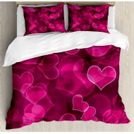 Hot Pink Duvet Cover Set, Cute Sweet Heart Shapes on Blurry Background Romantic Valentines Day Design, Decorative Bedding Set with Pillow Shams, Magenta Hot Pink, by Ambesonne