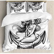 Anchor Duvet Cover Set, Monochrome Long Haired Mermaid Motif Tattoo Art Design Ancient Greek Folklore, Decorative Bedding Set with Pillow Shams, Black White, by Ambesonne
