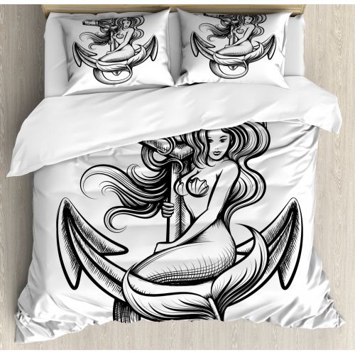  Anchor Duvet Cover Set, Monochrome Long Haired Mermaid Motif Tattoo Art Design Ancient Greek Folklore, Decorative Bedding Set with Pillow Shams, Black White, by Ambesonne