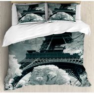 Black and White Duvet Cover Set, Eiffel Tower with Blossoming Trees Historical Paris Famous Landmark France, Decorative Bedding Set with Pillow Shams, Blue Grey, by Ambesonne