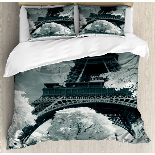  Black and White Duvet Cover Set, Eiffel Tower with Blossoming Trees Historical Paris Famous Landmark France, Decorative Bedding Set with Pillow Shams, Blue Grey, by Ambesonne