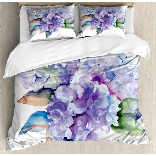  Watercolor Duvet Cover Set, Delicate Hydrangea Flowers Blooming Botanical Arrangement Wedding Inspired, Decorative Bedding Set with Pillow Shams, Violet Blue, by Ambesonne