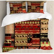 Ambesonne African King Size Duvet Cover Set, Patchwork Style Asian Pattern with Elephants and Cultural Ancient Motifs Print, Decorative 3 Piece Bedding Set with 2 Pillow Shams, Red Green Bla