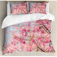 Ambesonne Floral King Size Duvet Cover Set, Japanese Sakura Cherry Blossom Branches Full of Spring Beauty Picture, Decorative 3 Piece Bedding Set with 2 Pillow Shams, Light Pink Baby Blue, b