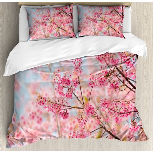  Ambesonne Floral King Size Duvet Cover Set, Japanese Sakura Cherry Blossom Branches Full of Spring Beauty Picture, Decorative 3 Piece Bedding Set with 2 Pillow Shams, Light Pink Baby Blue, b