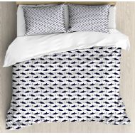Anchor Duvet Cover Set, Aquatic Pattern with Sharks and Anchors Contemporary Classical Modern Fish Animal, Decorative Bedding Set with Pillow Shams, Indigo White, by Ambesonne