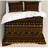 African Duvet Cover Set, Chevron Zigzag Circles and Spirals Timeless Vintage Art Design Oriental Doodle, Decorative Bedding Set with Pillow Shams, Multicolor, by Ambesonne