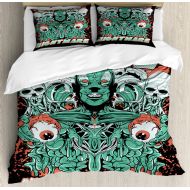 Zombie Duvet Cover Set, Retro Style Nightmare with Skulls Ghost Characters Wild Illustration, Decorative Bedding Set with Pillow Shams, Jade Green Salmon Black, by Ambesonne