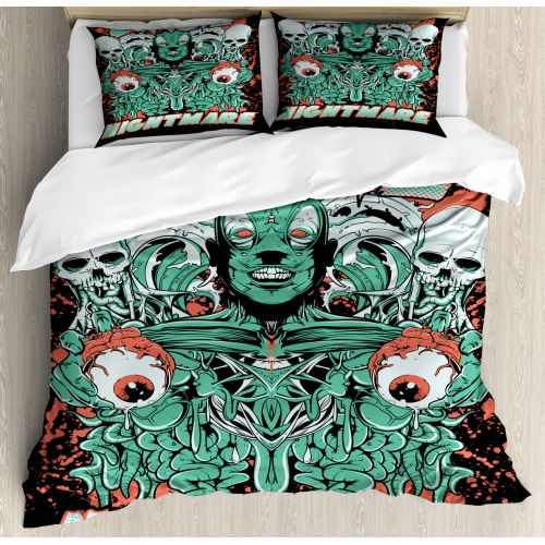  Zombie Duvet Cover Set, Retro Style Nightmare with Skulls Ghost Characters Wild Illustration, Decorative Bedding Set with Pillow Shams, Jade Green Salmon Black, by Ambesonne