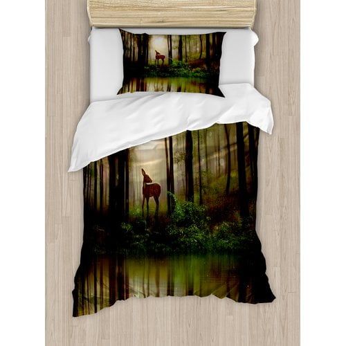  Ambesonne Nature Baby Deer in the Forest with Reflection on Lake Foggy Woodland Graphic Duvet Cover Set