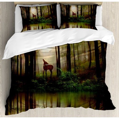  Ambesonne Nature Baby Deer in the Forest with Reflection on Lake Foggy Woodland Graphic Duvet Cover Set