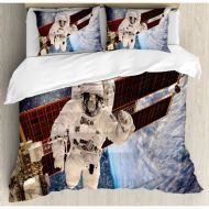 Ambesonne Outer Space International Station Global Communication Orbiting over Earth Rocket Photo Duvet Cover Set