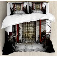 Ambesonne Industrial Rusty Storage Warehouse Metal Gate Doorway Aged Structure Machines Image Duvet Cover Set