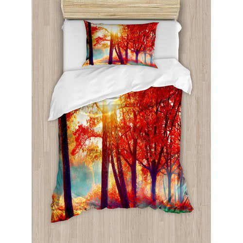  Ambesonne Autumnal Foggy Park Fall Nature Scenic Scenery Maple Trees Sunbeams Vibrant Woods Duvet Cover Set