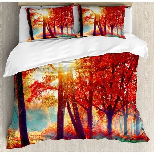  Ambesonne Autumnal Foggy Park Fall Nature Scenic Scenery Maple Trees Sunbeams Vibrant Woods Duvet Cover Set