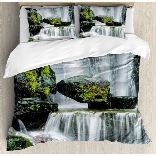  Ambesonne Waterfall Blocked with Massive Rocks with Moss on Them Duvet Cover Set