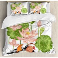 Ambesonne Duck in Pond with Lotus Lily Flowers Water Painting Style Duvet Cover Set