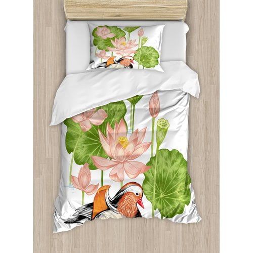  Ambesonne Duck in Pond with Lotus Lily Flowers Water Painting Style Duvet Cover Set