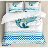 Ambesonne Whale Big Ornamental Tailed Design with Zig Zag Pattern Ocean Wave Artwork Duvet Cover Set
