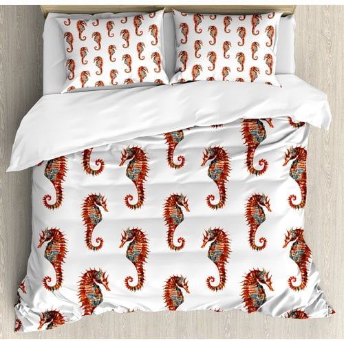  Ambesonne Animal Watercolor Stylized Seahorse Pattern with Vibrant Effect Beauty of Nature Design Duvet Cover Set