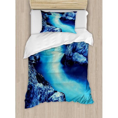  Ambesonne Waterfall Frozen Dangerous Lake with Atmosphere of a Cave and Snow on the Rocks Duvet Cover Set