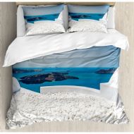 Ambesonne Travel Hotel with Stones Santorini Island Greece Landscape with Sea Duvet Cover Set