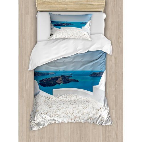  Ambesonne Travel Hotel with Stones Santorini Island Greece Landscape with Sea Duvet Cover Set