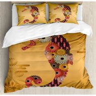 Ambesonne Animal Ornamental Seahorse with Floral and Stripe Lines Kitsch Style Cute Image Duvet Cover Set