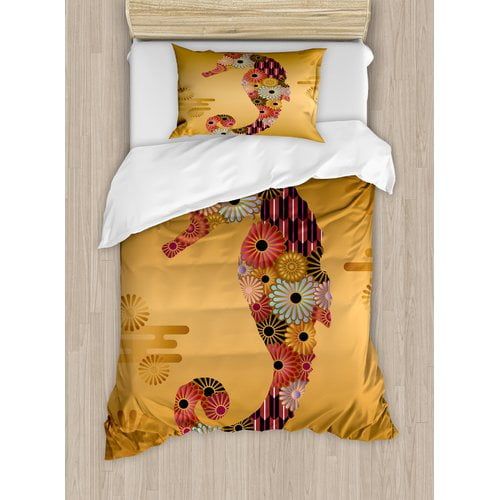  Ambesonne Animal Ornamental Seahorse with Floral and Stripe Lines Kitsch Style Cute Image Duvet Cover Set
