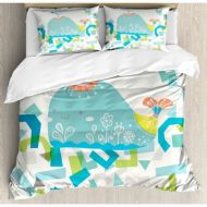 Ambesonne Whale Illustration with Geometrical Cute Smiling Cartoon Like Image Duvet Cover Set