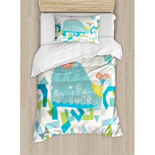  Ambesonne Whale Illustration with Geometrical Cute Smiling Cartoon Like Image Duvet Cover Set