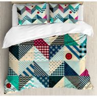 Ambesonne Farmhouse Chevron Patchwork with Vintage Stylized Line and Retro Button Forms Kitsch Artsy Duvet Cover Set