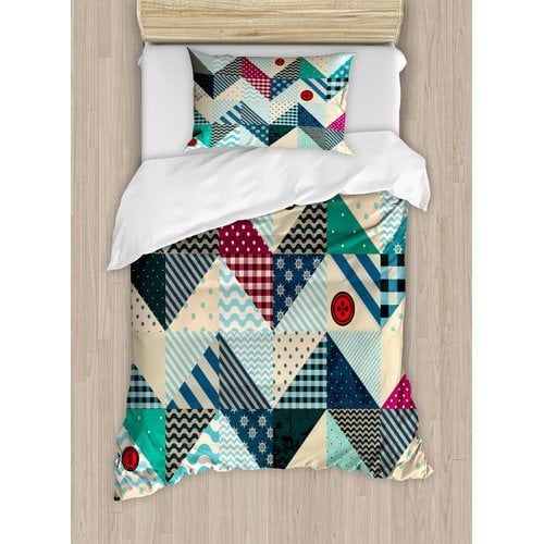  Ambesonne Farmhouse Chevron Patchwork with Vintage Stylized Line and Retro Button Forms Kitsch Artsy Duvet Cover Set