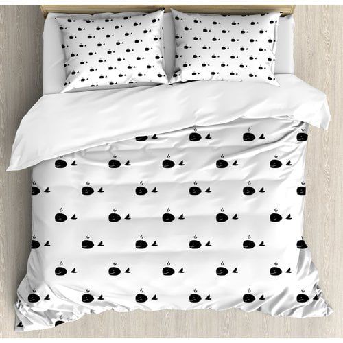  Ambesonne Whale Icon with Fins on Symmetric Repeating Motif Marine Creature Mammal Design Duvet Cover Set