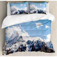 Ambesonne Lake House Snowy Mountain Scenery in Summer Cloudy Sky Natural Beauty Pattern Duvet Cover Set
