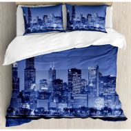 Ambesonne Usa Chicago City Skyline at Night with Tall Buildings Urban Modern Life American Town Scene Duvet Cover Set