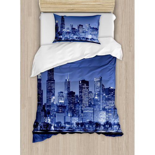  Ambesonne Usa Chicago City Skyline at Night with Tall Buildings Urban Modern Life American Town Scene Duvet Cover Set