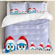 Ambesonne Christmas Bird Family with Santa Hats on Electricity Wire Winter Holiday Humor Duvet Cover Set