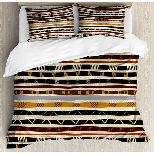  Ambesonne Tribal Ethnic African with Trippy Geometric Forms Primitive Heritage Wild Earthen Pattern Duvet Cover Set