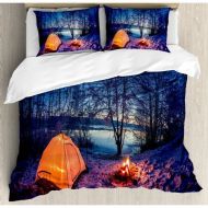 Ambesonne Apartment Dark Night Camping Tent Photo in Winter on Snow Covered Lands by the Lake Duvet Cover Set