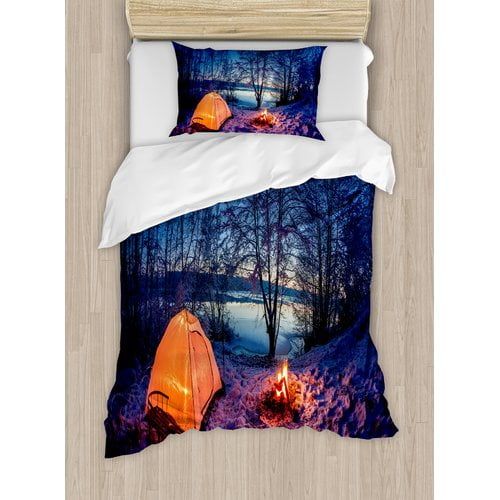  Ambesonne Apartment Dark Night Camping Tent Photo in Winter on Snow Covered Lands by the Lake Duvet Cover Set