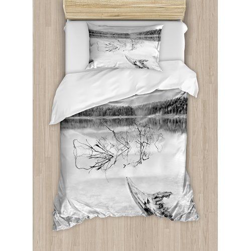 Ambesonne Driftwood Branch of Fallen Tree in Lake of the Mountain Foggy Forest Digital Print Duvet Cover Set