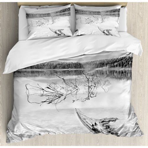  Ambesonne Driftwood Branch of Fallen Tree in Lake of the Mountain Foggy Forest Digital Print Duvet Cover Set