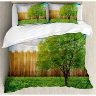 Ambesonne Farmhouse Tree of Life in Backyard of a Country house with Sun Tranquil Field Design Duvet Cover Set