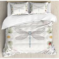 Ambesonne Dragonfly Vintage Retro Farm Life Inspired Moth with Daisies Lilies Leaves Image Duvet Cover Set