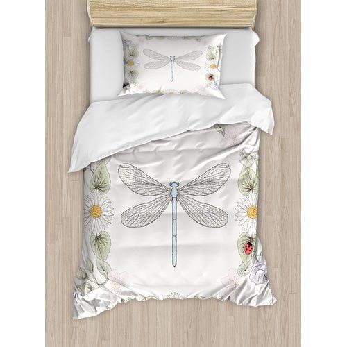  Ambesonne Dragonfly Vintage Retro Farm Life Inspired Moth with Daisies Lilies Leaves Image Duvet Cover Set