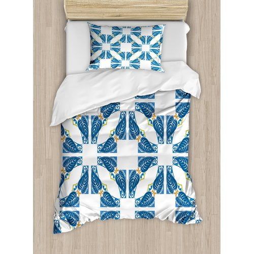  Ambesonne Traditional House Portuguese Pavement Azulejo Mosaic with Diagonal Square and Shapes Duvet Cover Set