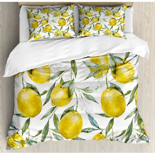  Ambesonne Nature Vibrant Citrus Branch with Blooms Delicious Plant Garden Elegance Watercolor Duvet Cover Set