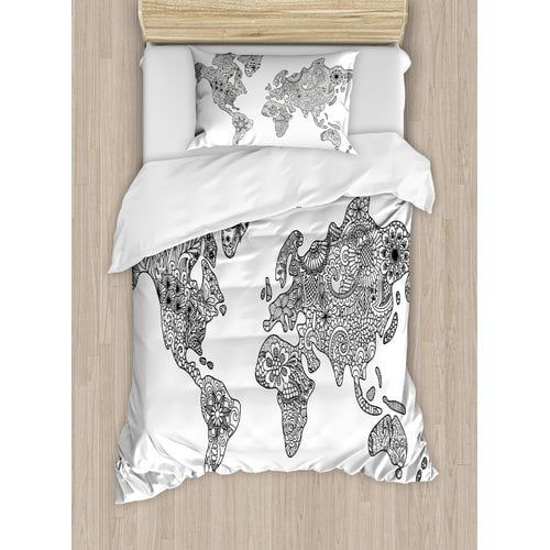  Ambesonne Earth Floral Pattern As World Map Continents Authentic Stylized Modern Design Duvet Cover Set